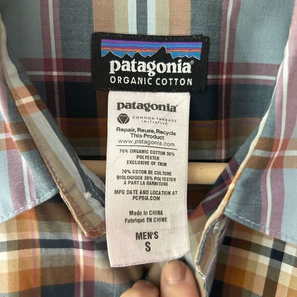 Men's Patagonia Small Fezzman Button Front Shirt Blue Brown Collared - Sm. Flaw - Picture 3 of 9